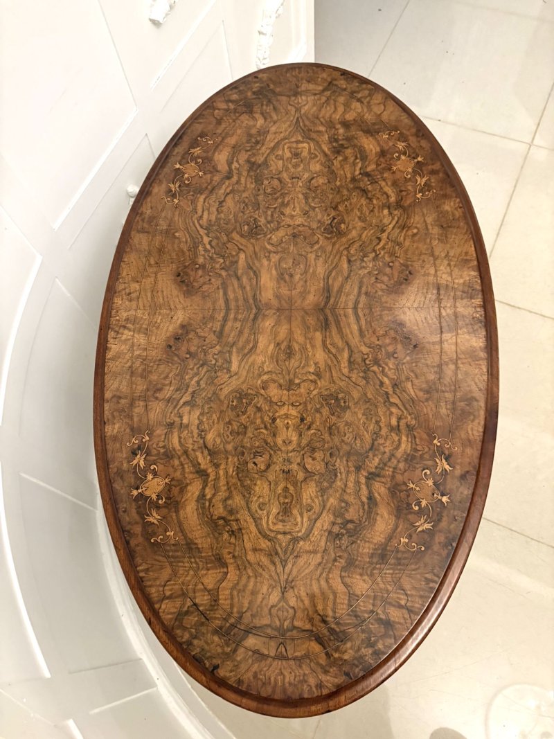 Antique Victorian Quality Burr Walnut Inlaid Oval Lamp Table - Image 4